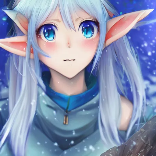 Prompt: a very beautiful anime elf girl, full body, long silver hair with a flower, sky blue eyes, full round face, short smile, shore clothes, thick thigs, firm chest, ice snowy lake setting, cinematic lightning, medium shot, mid-shot, highly detailed, trending on Artstation, Unreal Engine 4k, cinematic wallpaper by Stanley Artgerm Lau, WLOP, Rossdraws, James Jean, Andrei Riabovitchev, Marc Simonetti, and Sakimichan