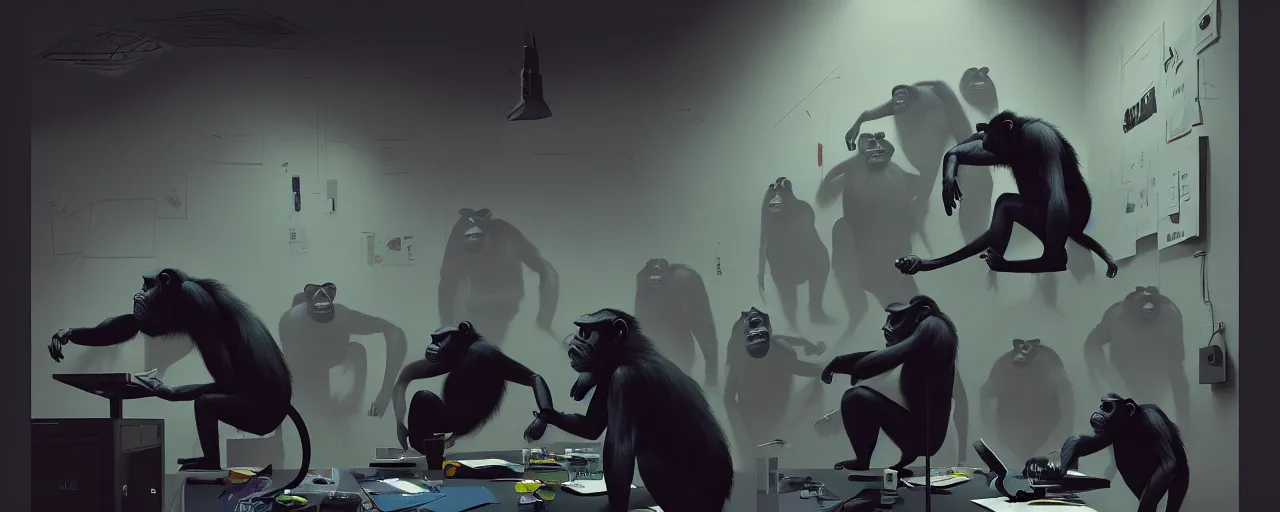 Image similar to duotone noir concept illustration of group wild and crazy chimps ruining inside of modern office computer rooms, octane render, concept hideo kojima surreal atmosphere, volumentric lighting. cosmic horror. accidental renaissance. by sachin teng and sergey kolesov and ruan jia and heng z. graffiti art, scifi, fantasy, hyper detailed. trending on artstation