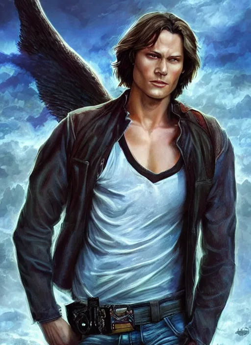 Image similar to handsome Sam Winchester as a muscular angel handcuffed, urban fantasy romance book cover, D&D!, fantasy style, sharp focus!, ultra detailed, art by Artgerm and Peter Andrew Jones, WLUP