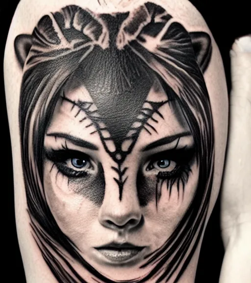 Prompt: tattoo design of a beautiful girl warrior with a tiger head above her, hyper realistic, realism tattoo, by eliot kohek, beautiful eyes, realistic face, black and white, white background