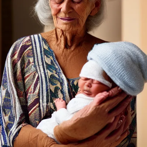 Prompt: 80 year old sentimental Mediterranean skinned woman in ancient Canaanite clothing holding a newborn baby, in the style of Corporate Memphis Alegria style