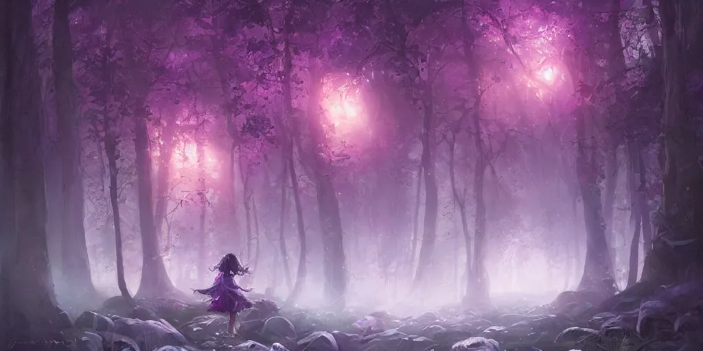 Image similar to a young girl lost in an endless the woods encounters a gigantic glowing purple crystal containing the spirit of the forest at night. Jordan Grimmer. Geoffroy Thoorens.