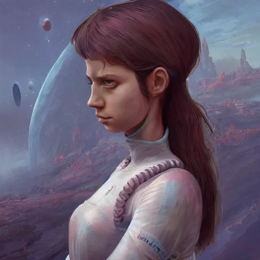 Image similar to A young girl apart of the alien resistance for her planet, Graceful body structure,cute,Symmetrical face,highly detailed,elegant,Marc Simonetti and Caspar David Friedrich, Trending on artstation