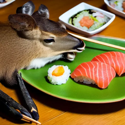 Image similar to photograph of a deer eating sushi