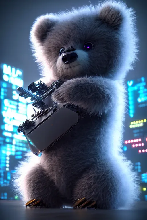 Image similar to high quality 3 d render very cute fluffy cyborg!! bear! plays electronic viola, cyberpunk highly detailed, unreal engine cinematic smooth, in the style of blade runner & detective pikachu, hannah yata charlie immer, moody light, low angle, uhd 8 k, sharp focus