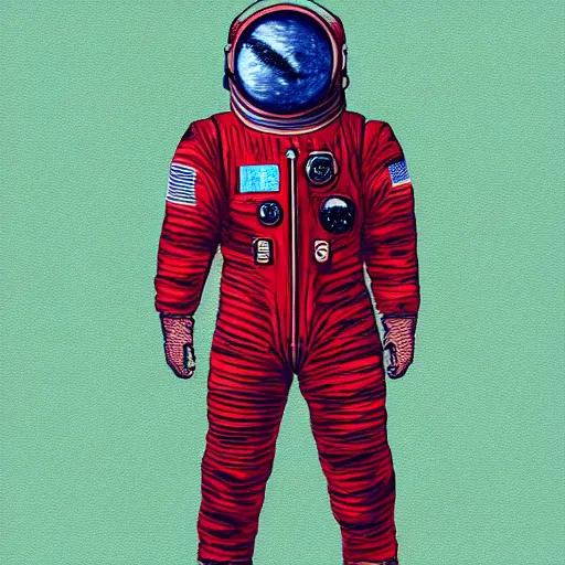 Image similar to retro space explorer portraits. red astronaut suit