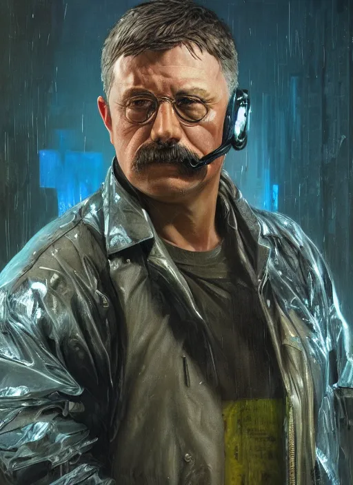 Prompt: Modern Teddy Roosevelt. Cyberpunk assassin in tactical gear. plastic raincoat. blade runner 2049 concept painting. Epic painting by James Gurney, Azamat Khairov, and Alphonso Mucha. ArtstationHQ. painting with Vivid color. (rb6s, Cyberpunk 2077)