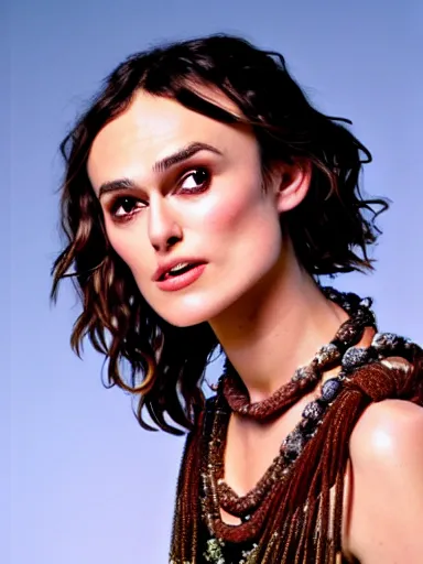 Prompt: a photograph of Keira Knightley with necklace made of seashells as Miranda from the stage production of The Tempest taken with Nikon D3500, 4K UHD, high detail, photo realistic