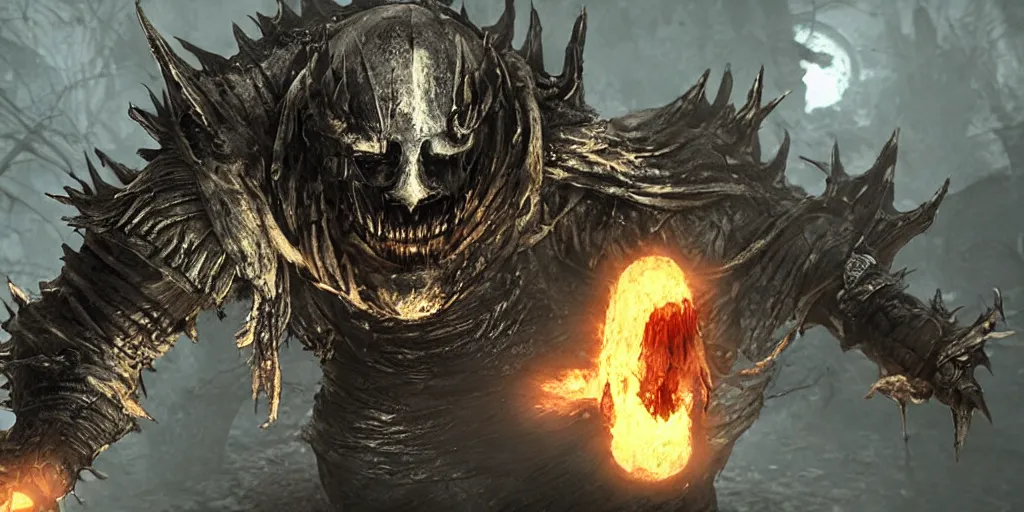 Image similar to minion as a darksouls boss, horror, hd, screenshot,