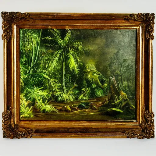 Image similar to an oil painting of a treasure lost in a lush rainforest