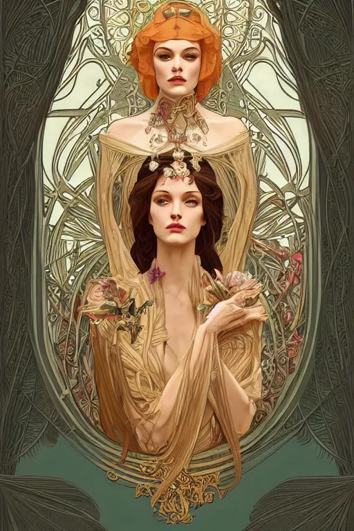 Image similar to high priestess, intricate, elegant, highly detailed, concept art, sharp focus, beautiful face!!, digital art, smooth defined outlines!!, human anatomy, human structure, vector background, art nouveau vector background, by Brom, trending on Artstation, Alphonse Mucha, Tom Bagshaw, Sargent