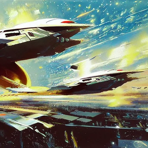 Image similar to futuristic spaceship jumping to warp lightspeed concept art oil painting by , extremely detailed, brush hard, by john berkey