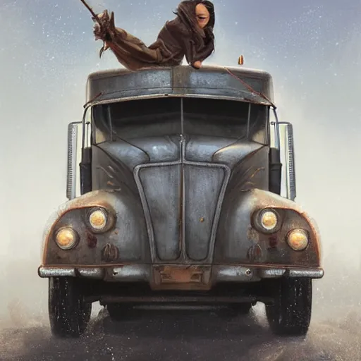 Image similar to a highly detailed epic cinematic concept art CG render digital painting artwork: the back of a steampunk truck in motion. girl in grey hoodie catches a ride on the back of a truck. By Greg Rutkowski, Ilya Kuvshinov, WLOP, Stanley Artgerm Lau, Ruan Jia and Fenghua Zhong, trending on ArtStation, made in Maya, Blender and Photoshop, octane render, excellent composition, cinematic atmosphere, dynamic dramatic cinematic lighting, aesthetic, very inspirational, arthouse