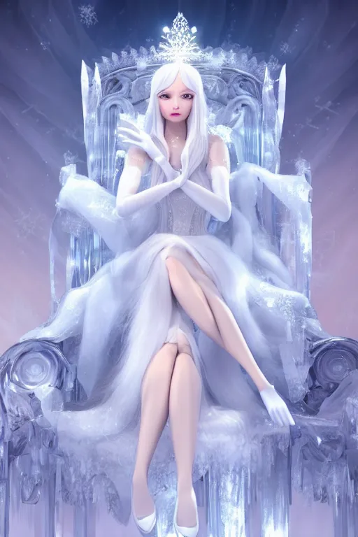 Image similar to Ice Princess, white long hair, sky blue eyes, short white silk dress, white long gloves, feet showing, legs crossed, arms crossed, crown made of ice, sitting on throne, frost, fantasy, elegant, artstation, hard focus, octane render