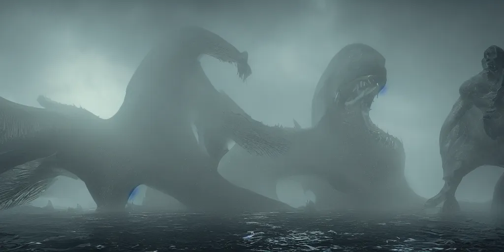 Image similar to the shadow over innsmouth, mutant fish, grand imposing powerful sculpture. swirls of mist. occult photorealism, uhd, amazing depth, volumetric lighting, cinematic lighting. epic landscape.