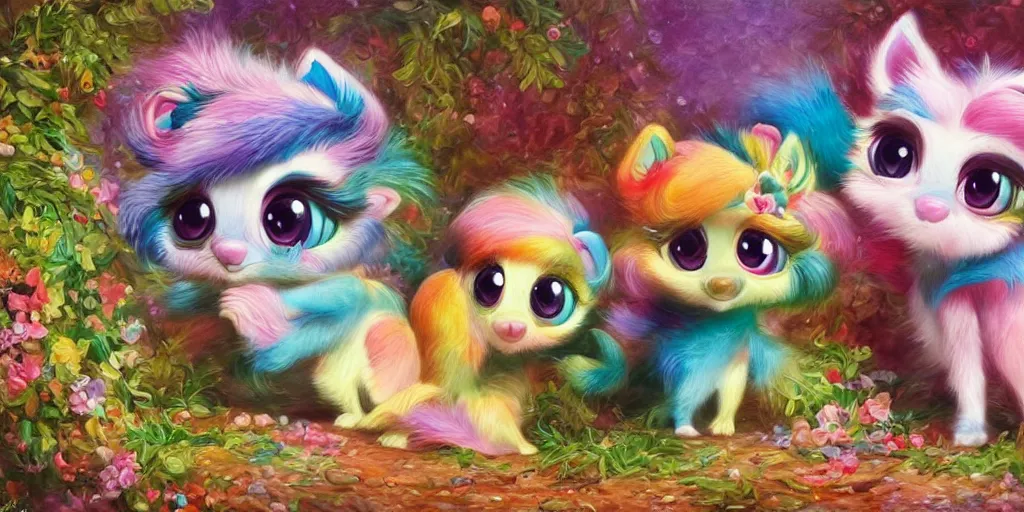 Image similar to 3d Littlest Pet Shop colorful animal, forest, realistic fur, glitter, master painter and art style of Noel Coypel, art of Émile Eisman-Semenowsky, art of Édouard Bisson