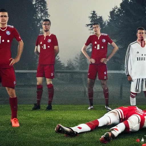 Prompt: a crime scene where a bayern munchen player has been butchered down by a football player from paris saint germain, wide shot, in the style of gregory crewdson
