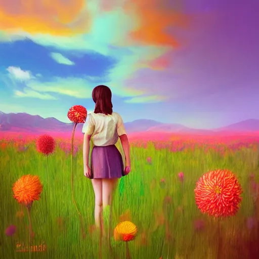 Image similar to giant dahlia flower head, full body girl standing in a flower field, surreal photography, sunrise, dramatic light, impressionist painting, colorful clouds, digital painting, artstation, simon stalenhag