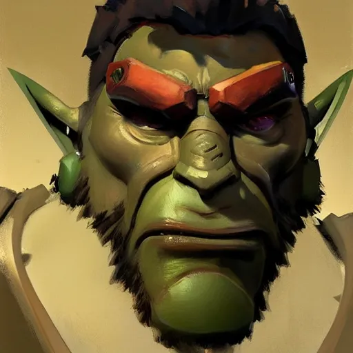 Prompt: greg manchess close - up portrait painting of a ruggedly handsome male dieselpunk orc with olive green skin as an overwatch character, medium shot, asymmetrical, profile picture, organic painting, sunny day, matte painting, bold shapes, hard edges, street art, trending on artstation, by huang guangjian and gil elvgren and sachin teng