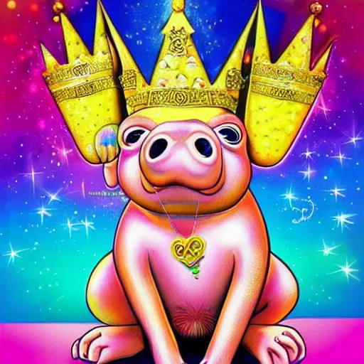 Prompt: lisa frank action pose pig wearing a gold crown throwing pop corn painting by android jones