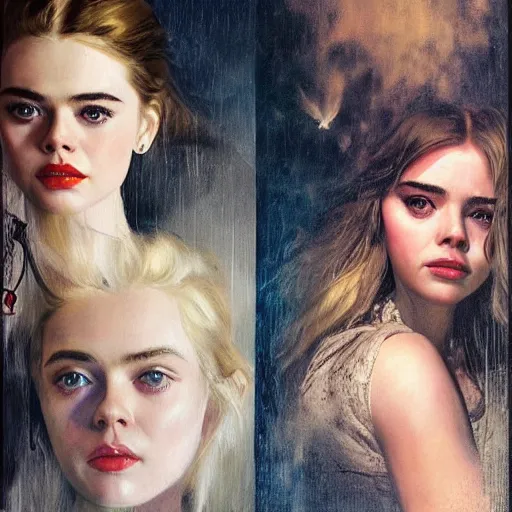 Prompt: ultra realistic portrait painting of elle fanning, lily collins, scarlett johansson, as an outlaw, art by frank frazetta, vintage levi ’ s ad, stormy weather, dark vibes, 4 k, ultra realistic, highly detailed, epic lighting