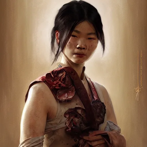 Prompt: portrait painting of a bloodied vietnamese female butcher, ultra realistic, concept art, intricate details, eerie, highly detailed, photorealistic, octane render, 8 k, unreal engine. art by artgerm and greg rutkowski and alphonse mucha
