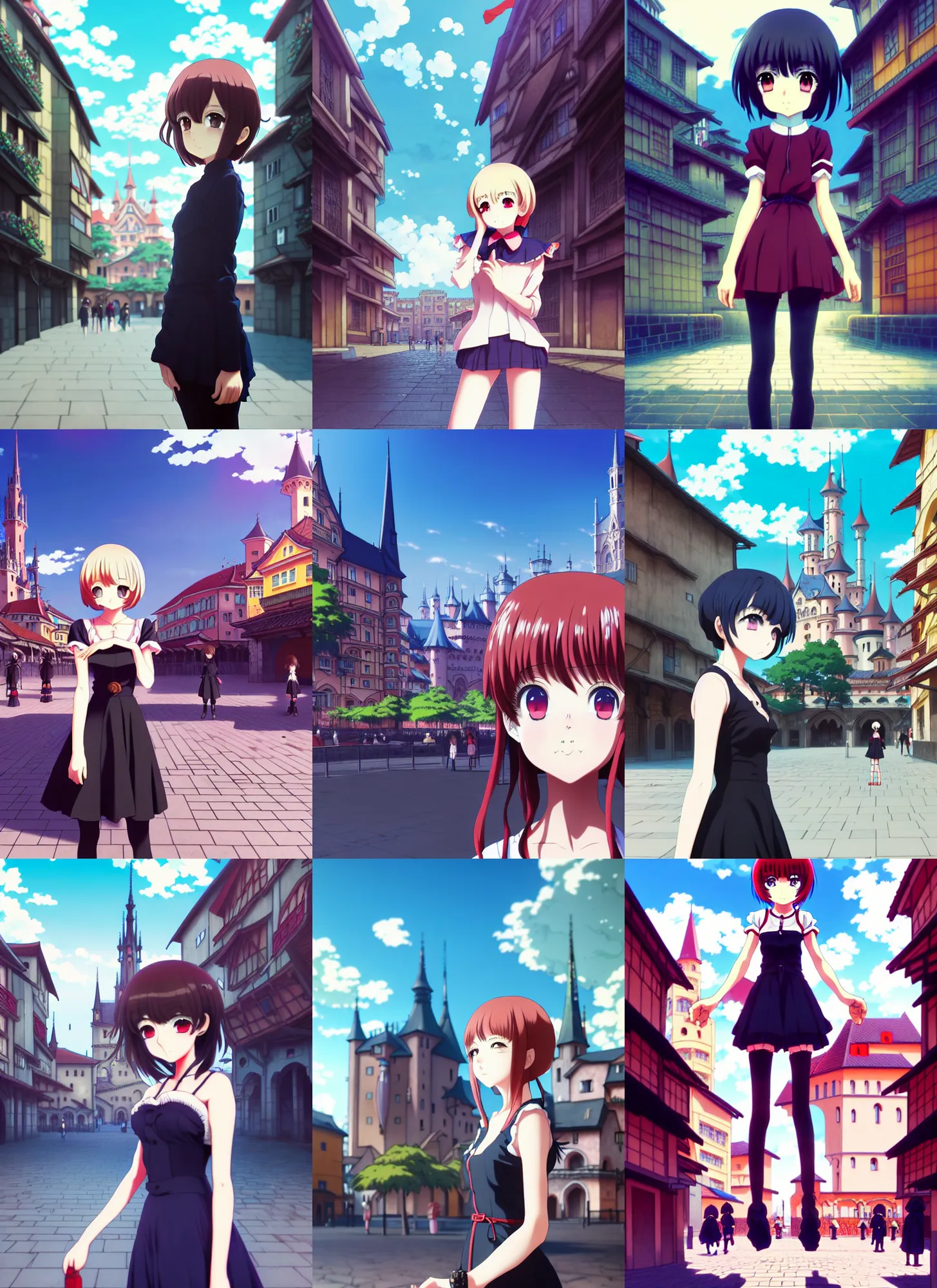 Prompt: anime frames, anime visual, full body portrait of a young woman in the medieval city square looking at the fantasy palace in the distance, cute face by ilya kuvshinov, satoshi kon, dynamic pose, dynamic perspective, rounded eyes, moody, psycho pass, kyoani, yoh yoshinari