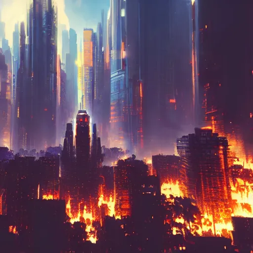 Image similar to Bob Ross style painting of androids conquering a cityscape on fire, 4K resolution, octane render, low angle perspective, high quality, cyberpunk mecha warrior, breathtaking composition