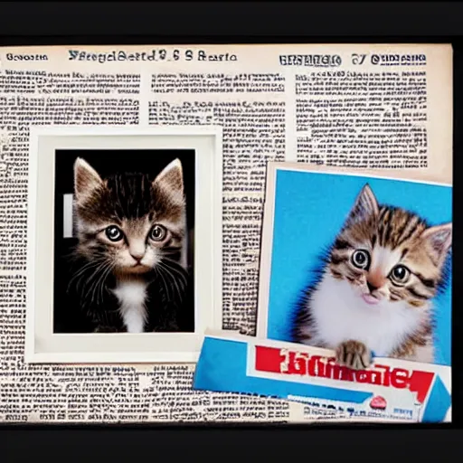 Prompt: A screen capture of a polaroid photo of a television screen that is showing a newspaper photo of a picture of a kitten