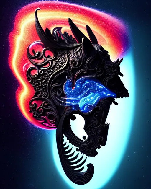 Image similar to 3 d ornate carved dark cosmic horse with profile portrait, sigma 5 0 0 mm f / 5. beautiful intricate highly detailed horse skull. bioluminescent, plasma, lava, ice, water, wind, creature, thunderstorm! artwork by tooth wu and wlop and beeple and greg rutkowski, 8 k trending on artstation