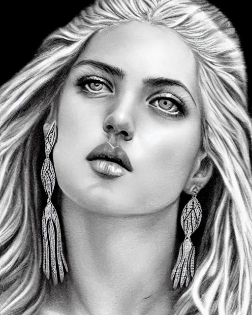 Image similar to pencil drawing of a beautiful greek goddess aphrodite with arrowhead earrings, beautiful piercing eyes, beautiful blonde hair, hyper realistic face, in the style of greg rutkowski, fantasy, amazing detail, epic, elegant, smooth, sharp focus, from the front