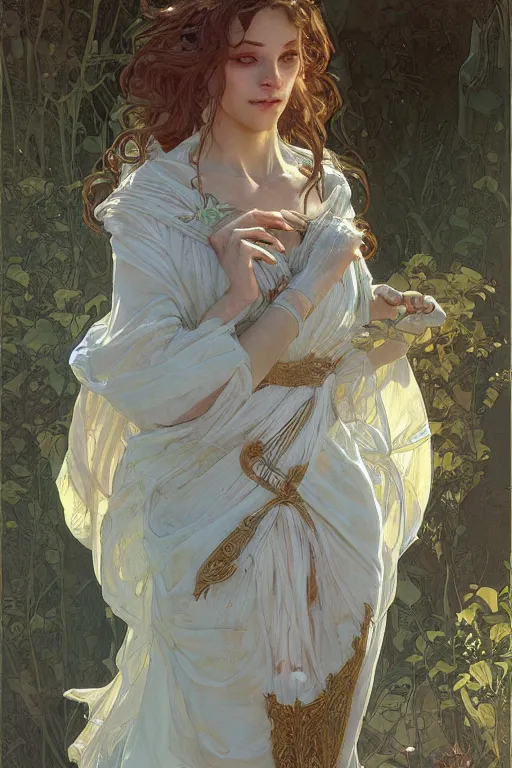 Image similar to beautiful natural coy cottagecore goddess maiden, master drawing, intricate, elegant, highly detailed, digital painting, artstation, concept art, smooth, sharp focus, illustration, art alphonse mucha and james gurney and craig mullins and wlop