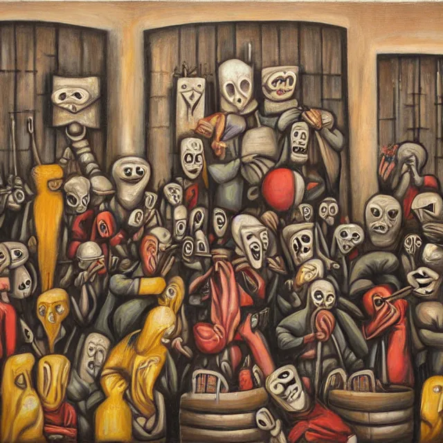 Image similar to several hooded disciples in purge masks, gathered in a brutalist courtyard, performing incantations over a fire in a barrel, by PJ Crook, oil on canvas