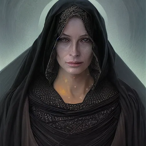 Image similar to portrait, female bene gesserit, bee keeper, dark clothes, veiled face, hidden face, d & d, fantasy, intricate, elegant, highly detailed, digital painting, artstation, concept art, matte, sharp focus, illustration, art by artgerm and greg rutkowski and alphonse mucha