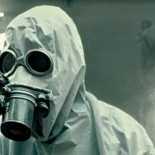 Prompt: a man wearing a hazmat suit and gasmask holding a pistol, film still, cinematic