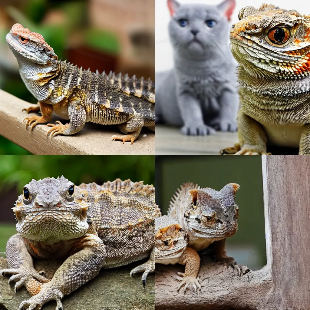 Prompt: british shorthair, two bearded dragons