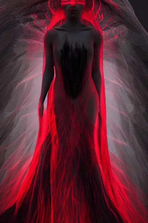 Prompt: Ethereal Goddess draped in Beautiful VantaBlack layered fabric highly detailed stitching. Ultra HD Concept art. Fashion. Realistic. V-ray. Full body and face. Beautiful Atmospheric background. Dark Dream. Light red mist. 18mm f/1.8. Sharp. Ultra HD. 8K.