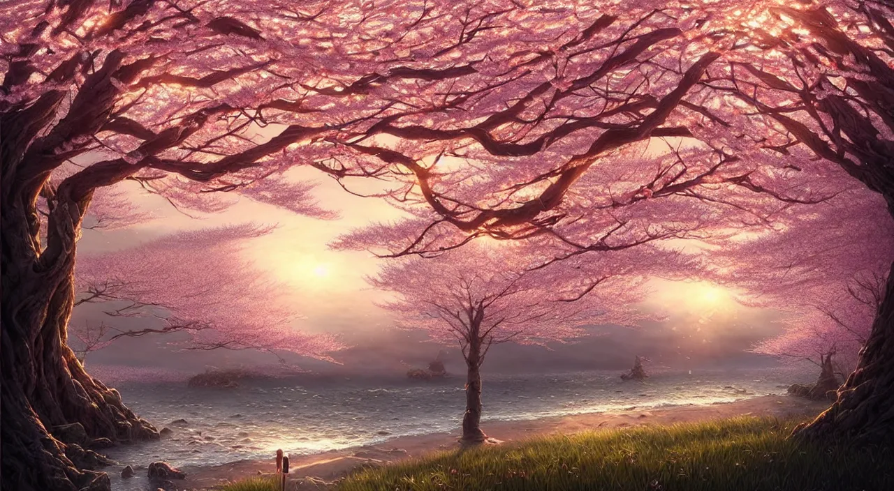 Prompt: A field of cherry blossoms on an oceanfront, fine art, awesome fantasy book cover on Pinterest, award winning, fantasy forest landscape, fantasy magic, dark golden light night, intricate, elegant, sharp focus, illustration, highly detailed, digital painting, concept art, matte, art by WLOP and Artgerm and Greg Rutkowski, masterpiece, trending on artstation