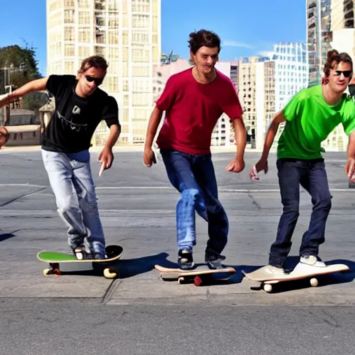 Prompt: four men skateboarding