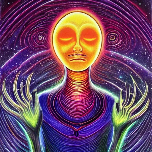 Prompt: painting of a tranquil alien made of galaxy and space meditating in dense forest by alex grey, acrylic art, ethereal, soothing, somber, elegant, warm light, cozy