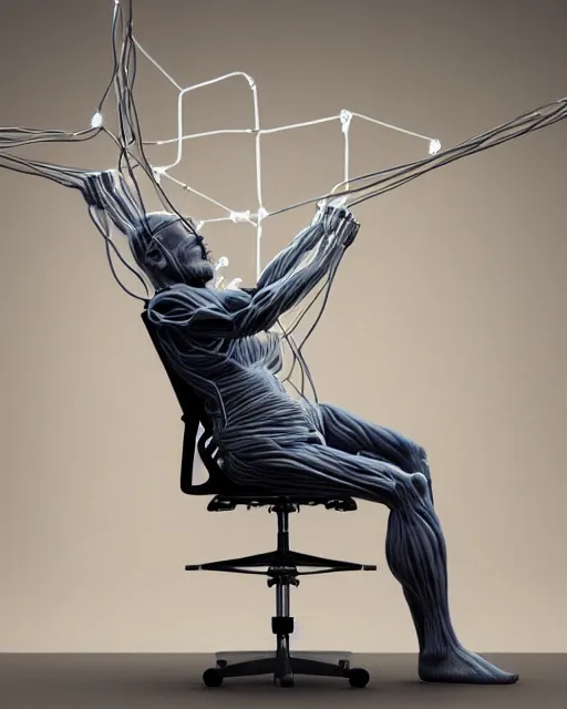 Image similar to a hyperrealistic painting of a human cyborg sitting in a chair with limbs stretched out, tied with electrical cables connected to infinite supercomputers, flood of images flowing from his head, tesseract, vitruvian man, 3 d render, octane, trending on artstation, concept art, insane details, zoomed out