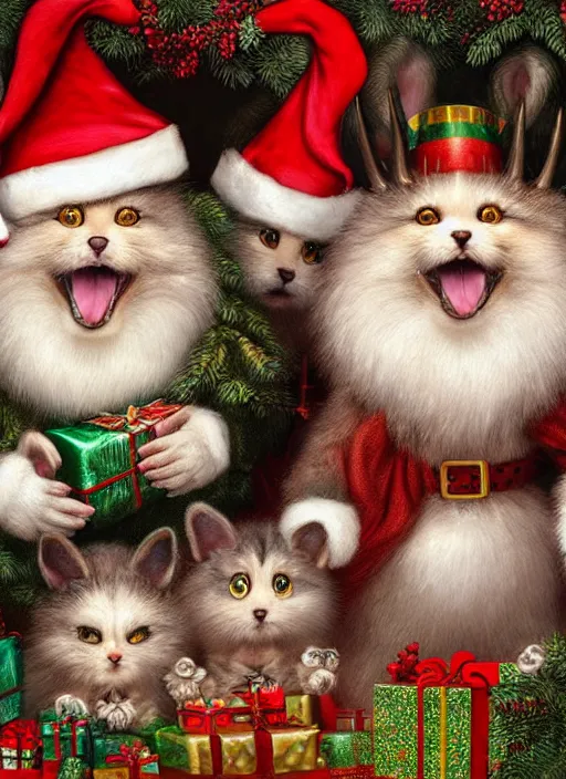 Prompt: highly detailed group closeup portrait of cute fluffy animals having a christmas party banquet in a castle, unreal engine, nicoletta ceccoli, mark ryden, earl norem, lostfish, global illumination, god rays, detailed and intricate environment