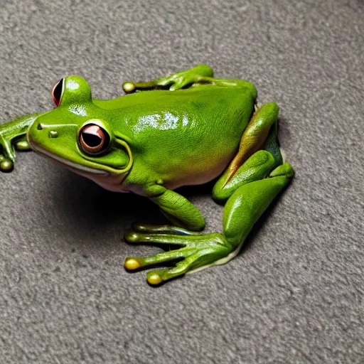 Prompt: photo of dead green frog on a floor of a shopping mall, people shocked, high details