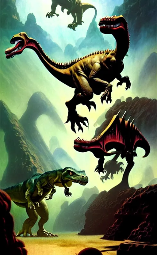 Prompt: dinosaur fantasy world by by frank frazetta and boris vallejo and greg rutkowski