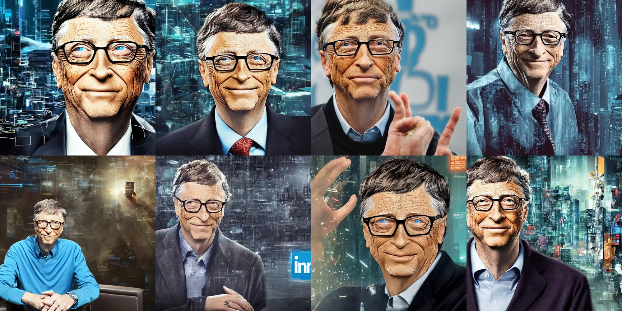 Prompt: linkedin portrait of bill gates trapped in a cyberpunk hyper prison but still bravely doing his charity work despite the hardship