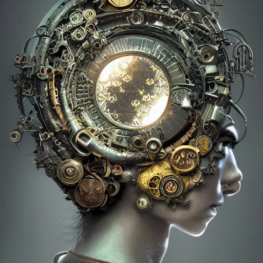 Image similar to a beautiful intricate fine art RPG portrait photo of a mechanical industrial steampunk cybernetic yin yang symbol, overgrown with morning glory flowers, montsera leaves by tom bagshaw and zach sutton, golden ratio composition, studio lighting, 50mm lens, very detailed, bionic, cybernetic scifi, deep depth of field, artstation, 8K, highly coherent