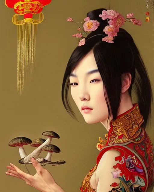 Image similar to pretty chinese model with hallucination mushroom, machine face, upper body, decorated with chinese opera motifs, asian, traditional chinese art, intricate, elegant, highly detailed, digital painting, artstation, concept art, smooth, sharp focus, illustration, art by artgerm and greg rutkowski and alphonse mucha, 8 k