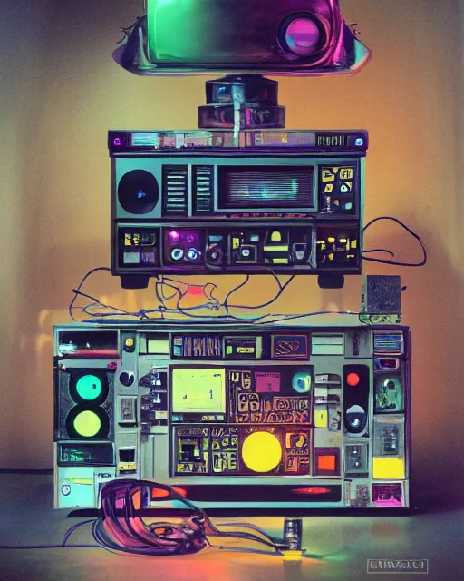 Prompt: still life of colorful cyberpunk electronics with stickers by hieronymus bosch, solid shape, retro electronic. vintage shape. cold color scheme, cool white 6 5 0 0 k light, baroque painting, perfect composition, detailed octane render trending on artstation, 8 k artistic photography, masterpiece, raphael, caravaggio, beksinski, rutkowski