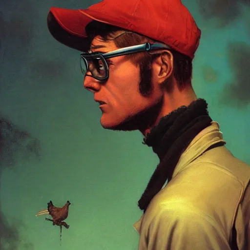 Prompt: a close - up side profile portrait of a silhouette of a science - fiction young alien man wearing a baseball hat, glasses, scruffy facial hair. glowing fog and bird in the background. renaissance portrait painting. highly detailed science fiction painting by norman rockwell, frank frazetta, and syd mead. rich colors, high contrast, gloomy atmosphere, dark background. trending on artstation