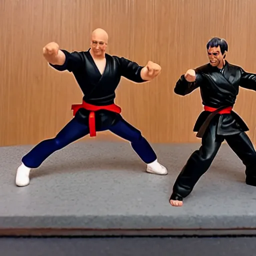 Image similar to dr. phil fighting bruce lee pvc figures, ultra smug faces, karate movie, action fx